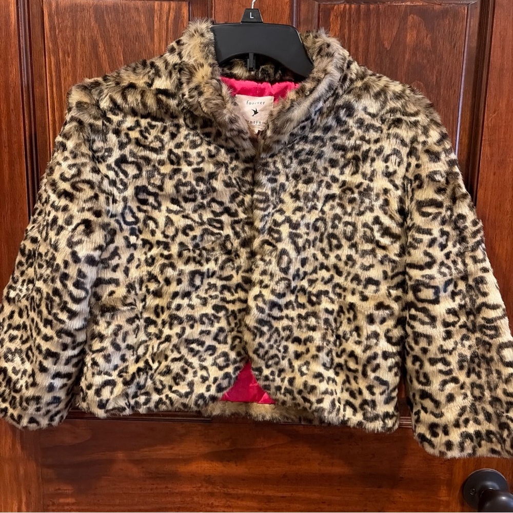 Forever 21 Leopard Faux Fur Jacket Hot Pink Lined Cropped Animal Print Womens M